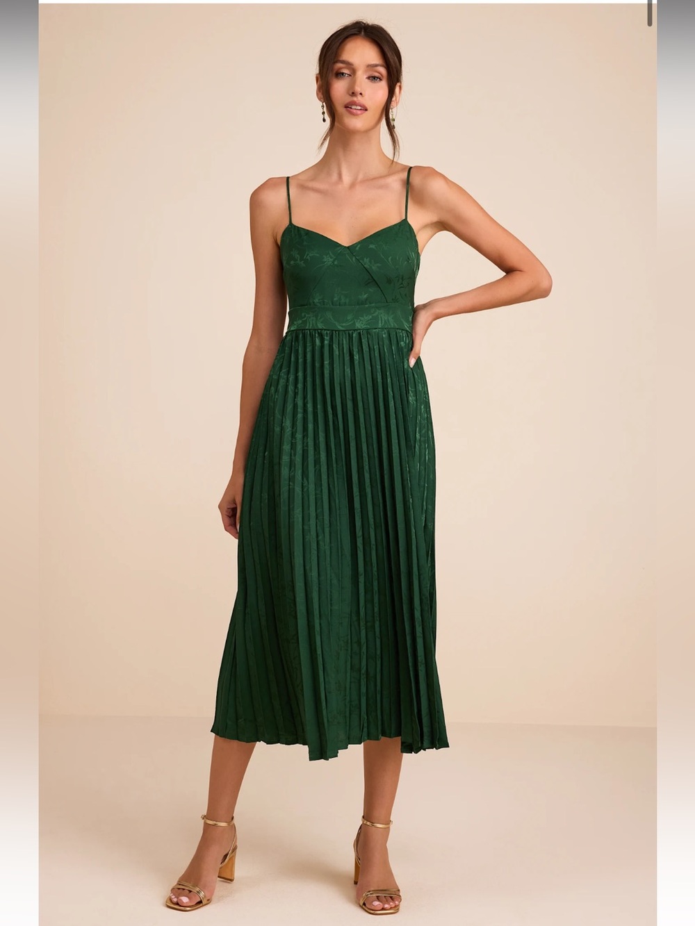 Regal Romance Emerald Floral Jacquard Pleated Satin Midi Dress